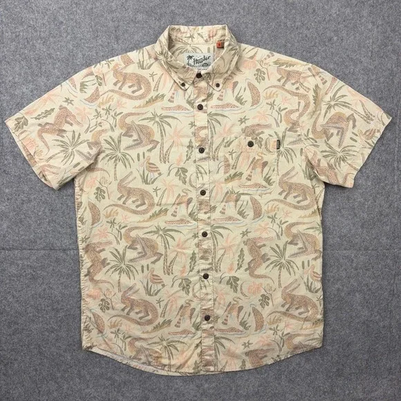 Howler Bros Shirt Mens Medium Tan Crocodile Tropical Short Sleeve Button Down - Picture 2 of 13